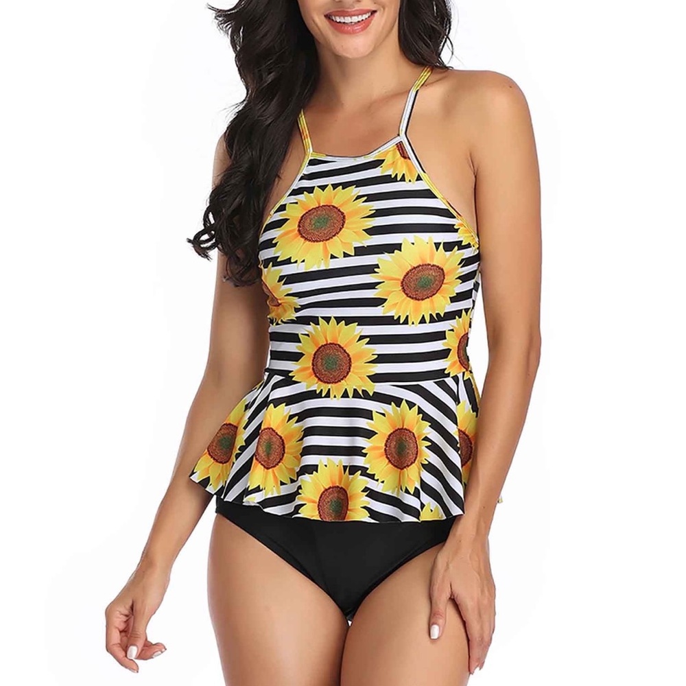 Peplum High Neck Sunflower Stripe Swimsuit Two Piece Tankini Bikini Size Medium